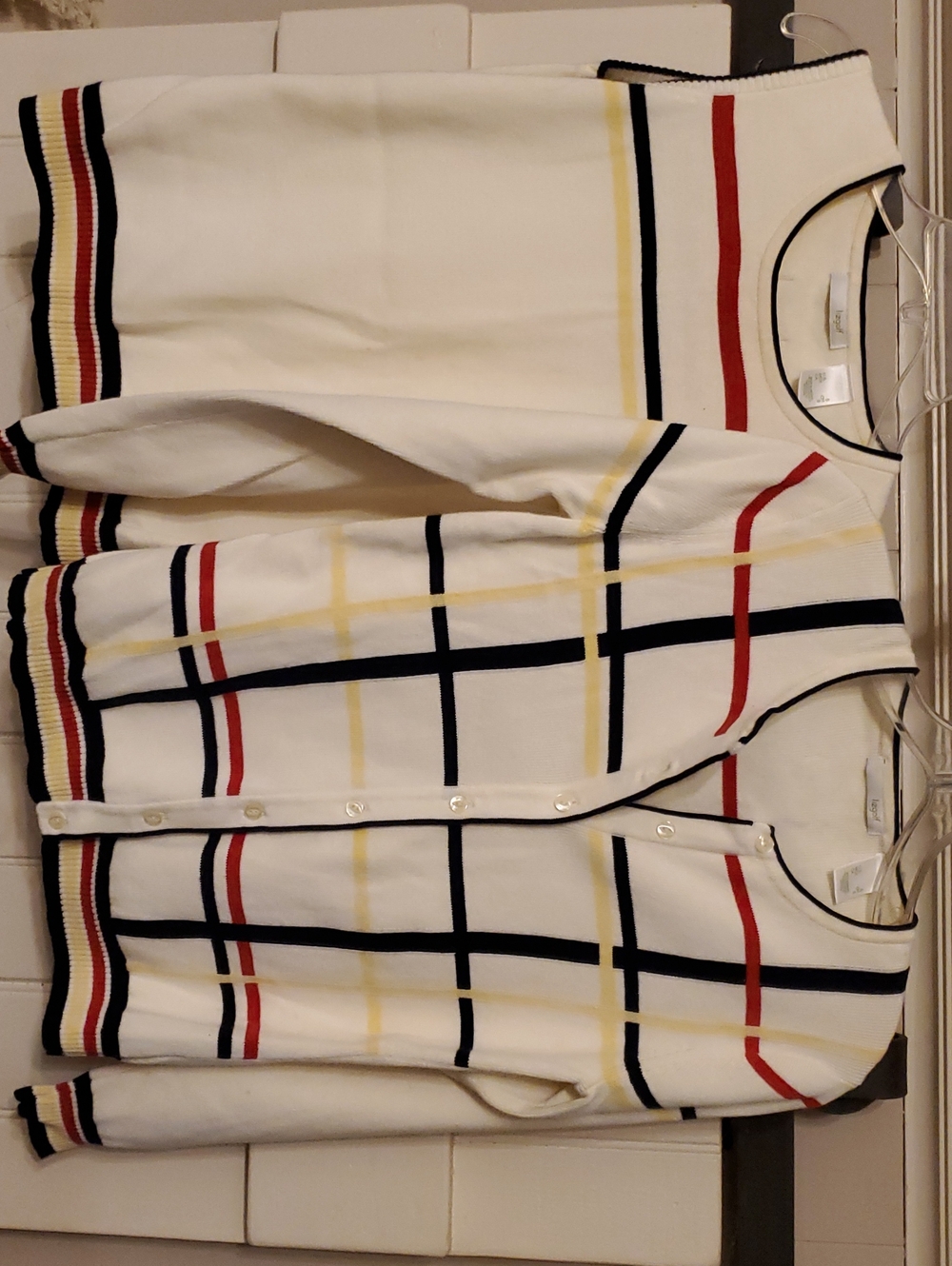 Cream Knit Cardigan & Top Set with Red, Navy & Yellow Windowpane Stripes